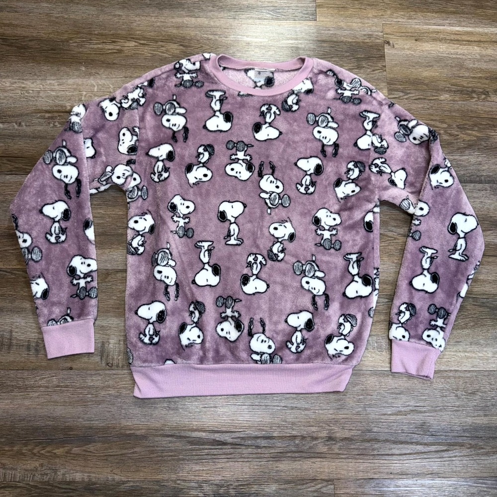 Peanuts Fleece Crewneck Sweatshirt Womens M Dusty Purple Snoopy All-Over Print